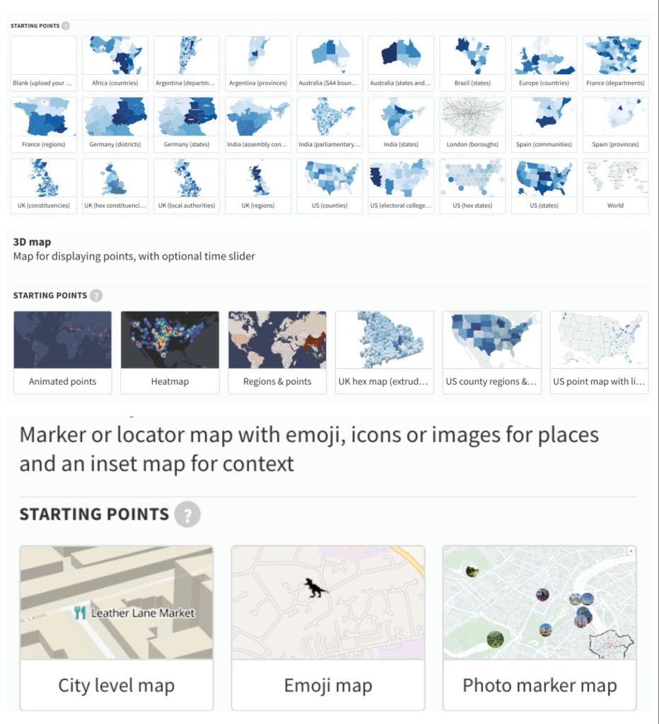A combination of three screenshots shows the 36 map templates Flourish offers to users.