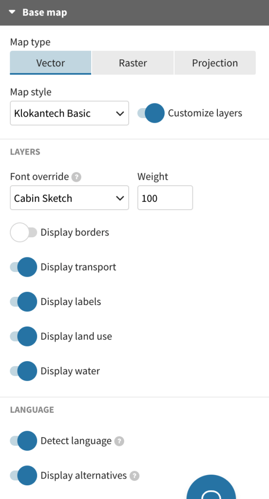 A screenshot of the base map editing box in Flourish shows choices between vector, raster or projection base map, map style, font style and weight and options to display borders, transport, labels, land use or water as well as language options for the base map.