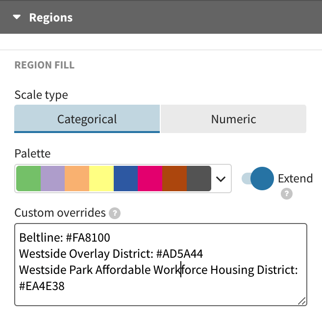 A screenshot of the region editing section in Flourish which includes an option to change scale, the color palette and a box to override the color hex codes.