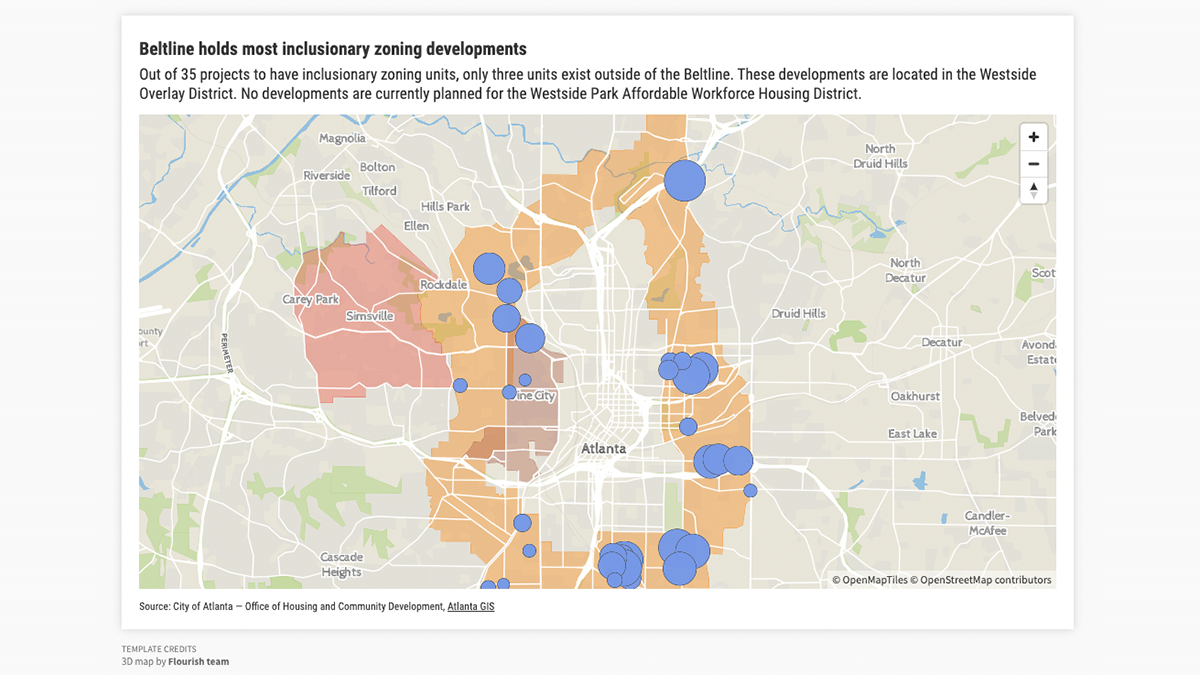 Beltline holds most inclusionary zoning developments. Map of Atlanta showing inclusionary zoning units.