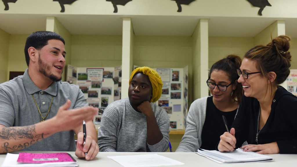 Josh, an incarcerated student at Hampshire County Jail, shares his experiences inside prison with classmates from UMass-Amherst. Photo: Brian McDermott