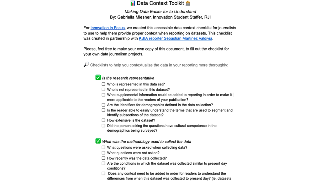 A screenshot from the accessible data context toolkit shows the checklists to contextualize data in your reporting more thoroughly.