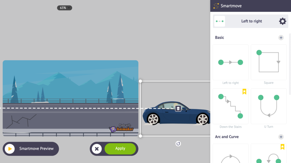 Animaker’s simplified vocabulary and illustrations allow for more intuitive use of animation features (such as using intro and exit transitions for assets, rather than utilizing pathing or masking). Screenshot: Nolan Xiong