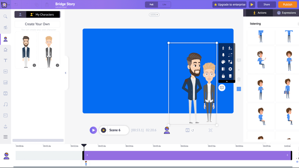 Animaker’s interface attempts to keep all its features viewable on a single screen, allowing you to view your timeline, interact with assets and modify any parameters without ever needing to change your screen. Screenshot: Nolan Xiong