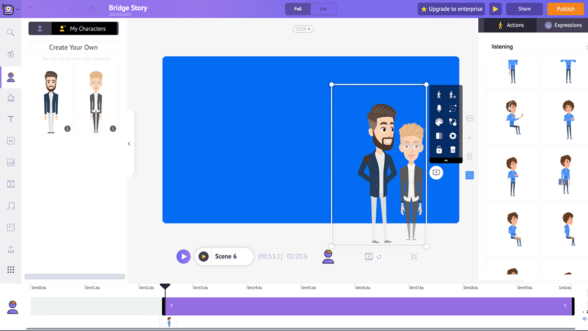 Animaker’s interface attempts to keep all its features viewable on a single screen, allowing you to view your timeline, interact with assets and modify any parameters without ever needing to change your screen. Screenshot: Nolan Xiong