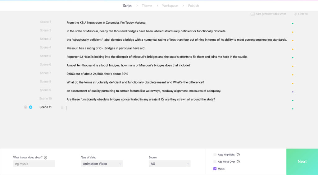 Story script elements from the radio script for the Missouri bridge story are broken into storyline bullet points by Steve AI's integrated app in Animaker.