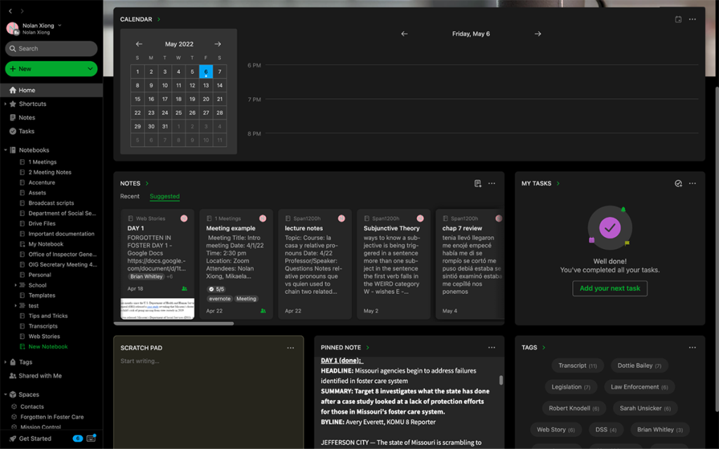 A screenshot of Nolan Xiong's Evernote Teams home page, with a calendar, pinned note, as well as other widgets arranged in his preferred layout.