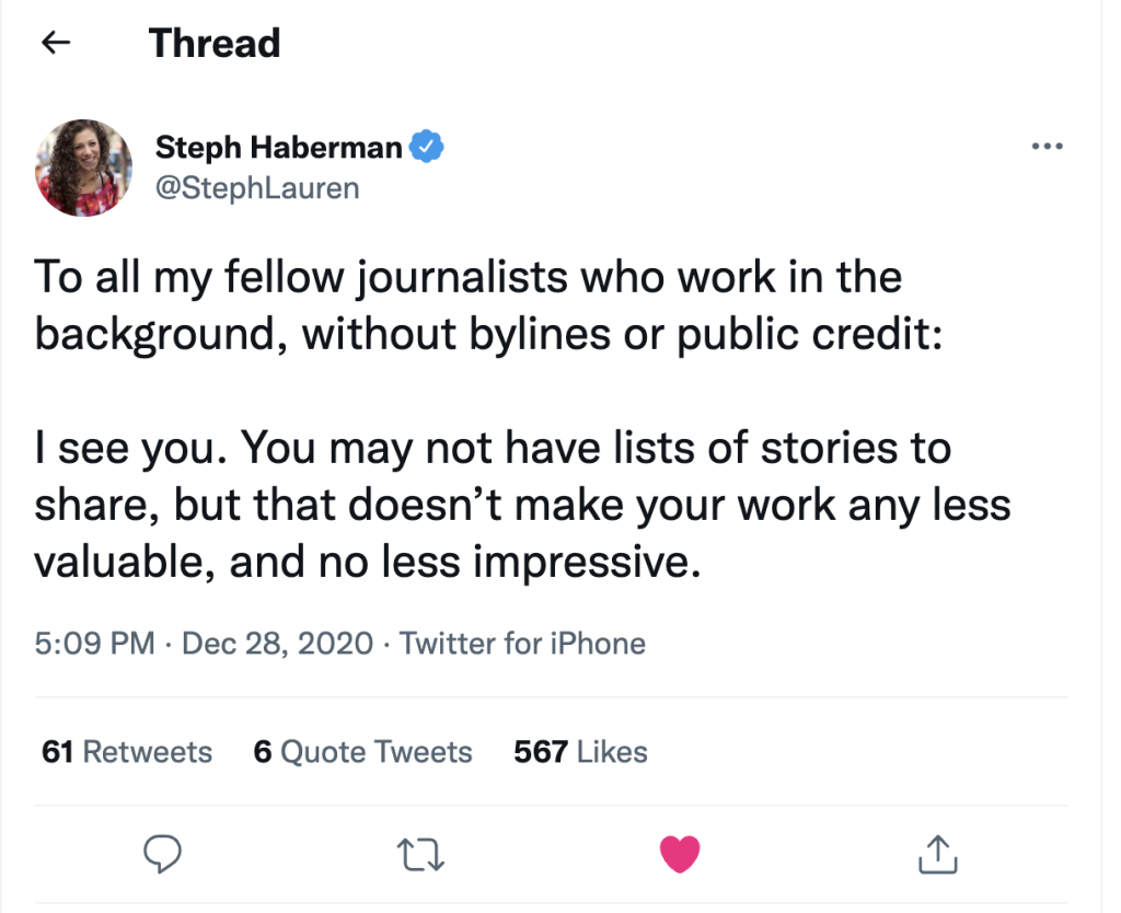 Steph Haberman, of MSNBC discusses her appreciation of journalists who work without public credit via Twitter. With permission from Steph Haberman.