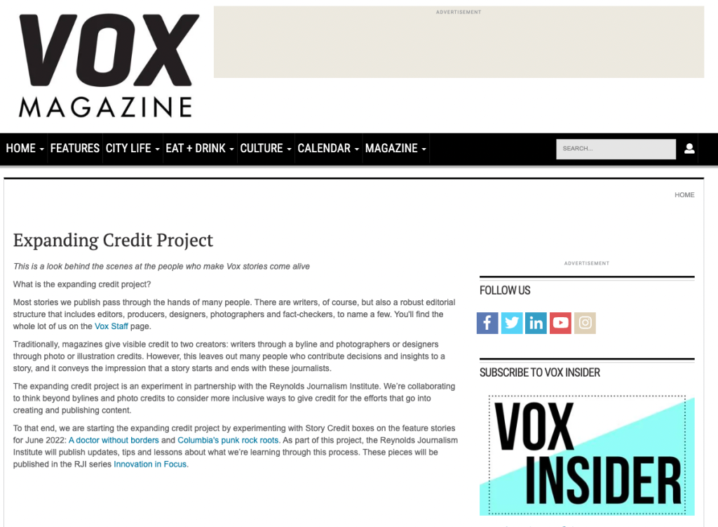 A screenshot showing the landing page for the expanding credit project on Vox Magazines website. Down the line, the plan is to add a glossary of Vox’s staff roles to this page to help lay out what the various staff members being credited do at Vox. 