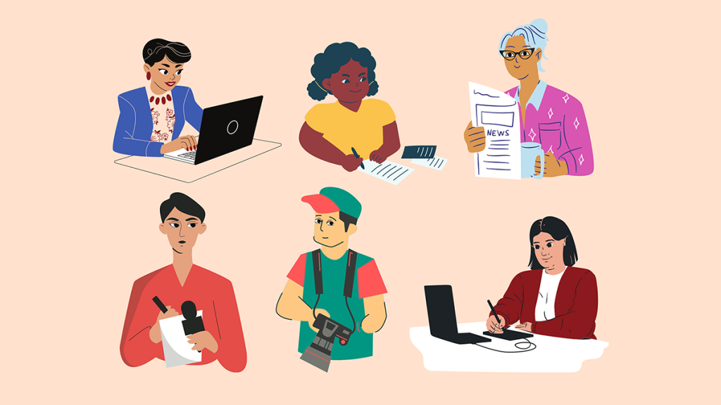 Newsroom editors, fact-checkers, graphic designers, copy editors, photographers, digital producers and social media managers are often not credited in news stories for their contributions to the work. Typically, reporters are credited in the byline of a story. Illustration: Mikaela Rodenbaugh
