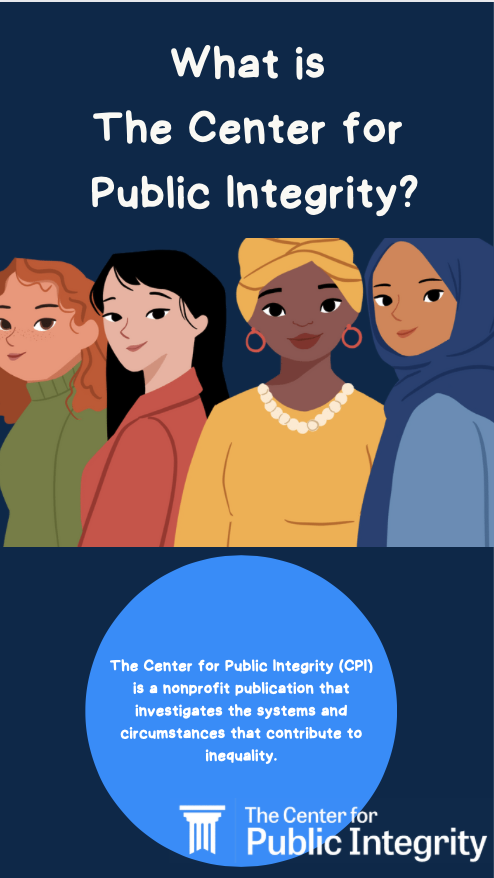 Cartoon illustration of four women, surrounded by text. What is The Center for Public Integrity? The Center for Public Integrity (CPI) is a nonprofit publication tht investigates the systems and circumstances that contribute to inequity. 