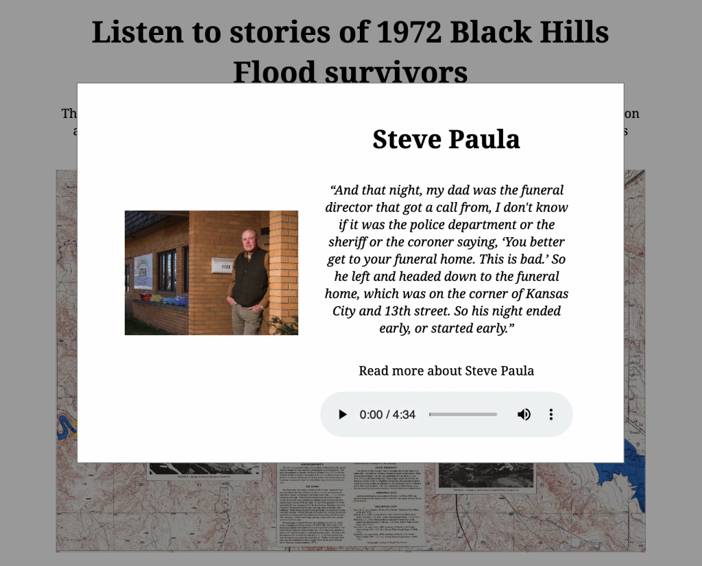A screenshot of the interactive map’s pop up box shows one survivor, Steve Paula. The white box hovering over the map shows an image of Steve Paula leaning against a brick wall, his name, an excerpt that reads, ““And that night, my dad was the funeral director that got a call from, I don't know if it was the police department or the sheriff or the coroner saying, ‘You better get to your funeral home. This is bad.’ So he left and headed down to the funeral home, which was on the corner of Kansas City and 13th street. So his night ended early, or started early,” a link that says, “Read more about Steve Paula,” and a play button for the edited audio from Paula.