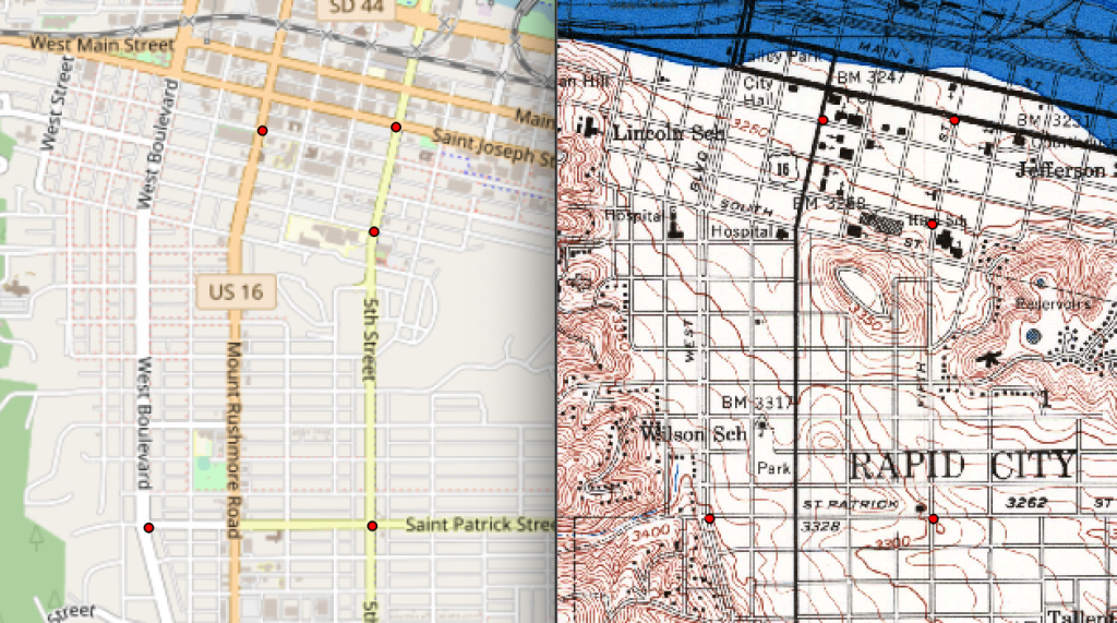 A screenshot of two windows in QGIS while georeferencing showing a present-day street view map on the left with five dots and the static flood map on the right with the same five dots in the same locations.