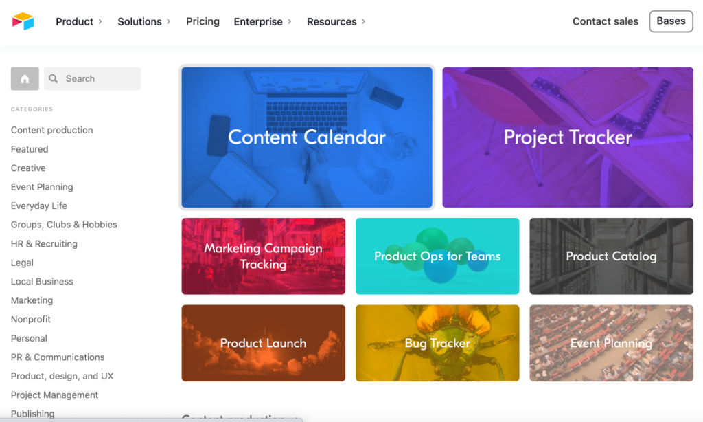 A screenshot of the various free templates offered by Airtable including a content calendar, project tracker, bug tracker, and event planner.