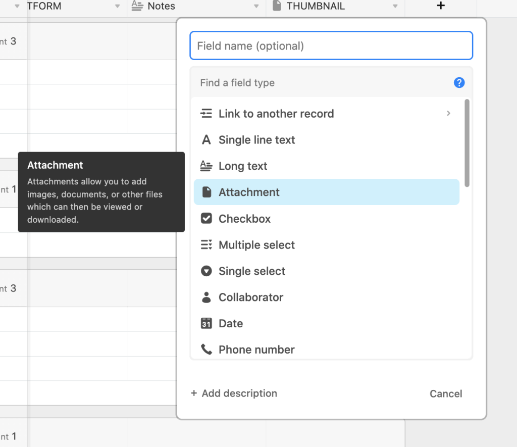 A screenshot of the attachments field option for a column being set up in Airtable.