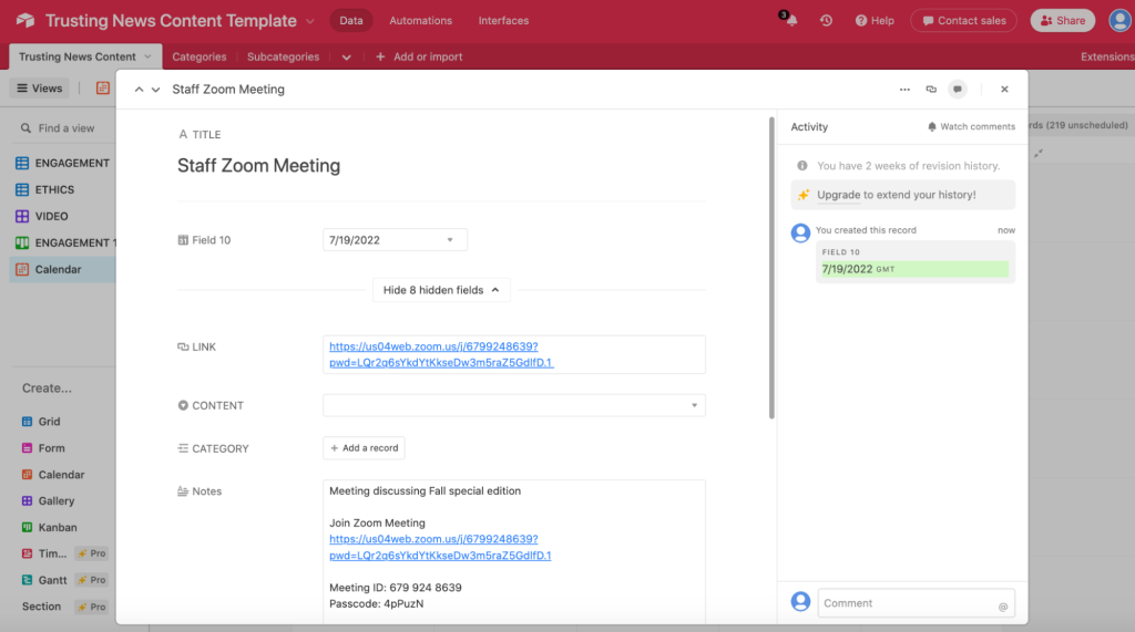 Screenshot of a new event record is created in Airtable for a "Staff Zoom Meeting" in the calendar view.