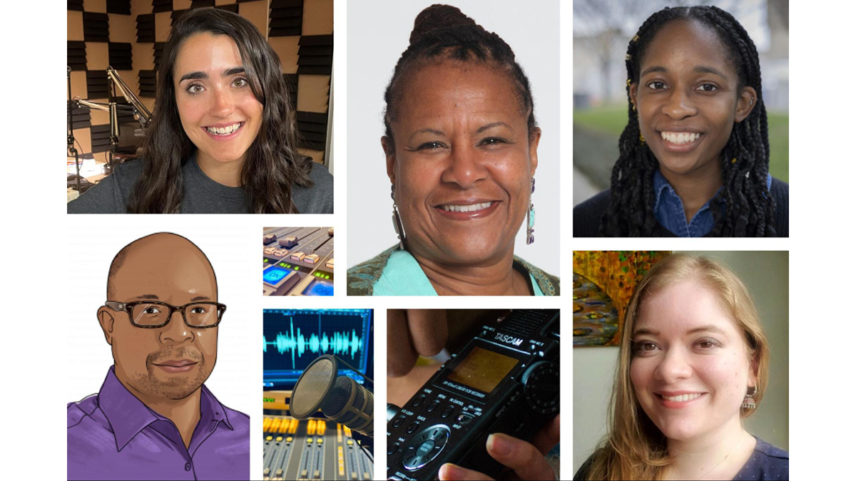 A photo collage of portraits of the people quoted in this article and photos of radio studio equipment. Top row from left: Kassidy Arena, Caryn Mathes, Elizabeth Gabriel. Bottom row: Doug Mitchell (photo illustration by Halisia Hubbard), a sound board, a microphone, a Tascam audio recorder, Kamna Shastri.