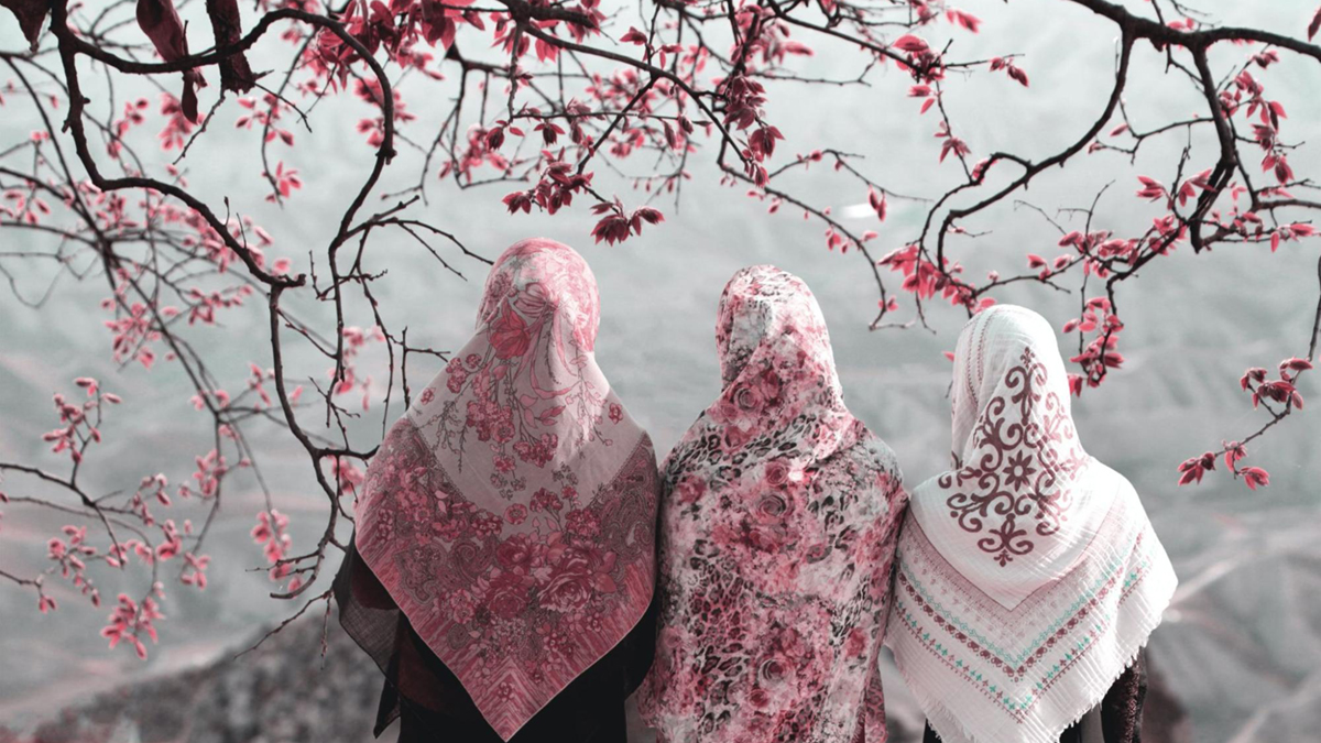 Three women with their backs to the camera, all wearing hijabs under a blossoming cherry tree. Photo: Hasan Almasi | Unsplash