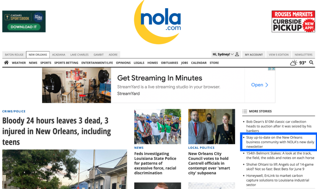 Screenshot of link to newsletter signup on NOLA.com homepage.
