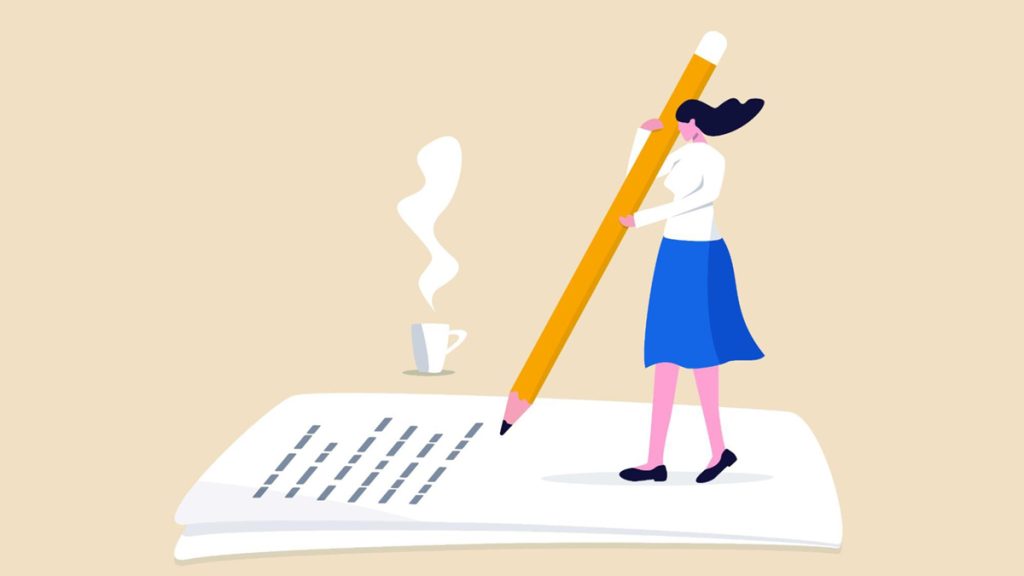 Illustration of woman holding a giant pencil while standing on and editing a page of typescript