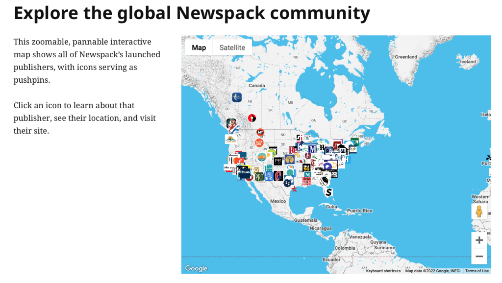 A screenshot of the Newspack website displays an interactive map with icons of companies using the platform.