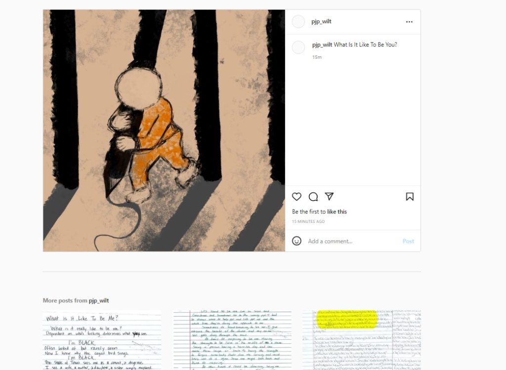 A screenshot of the Instagram post shows the illustration representing incarcerated people who write letters.