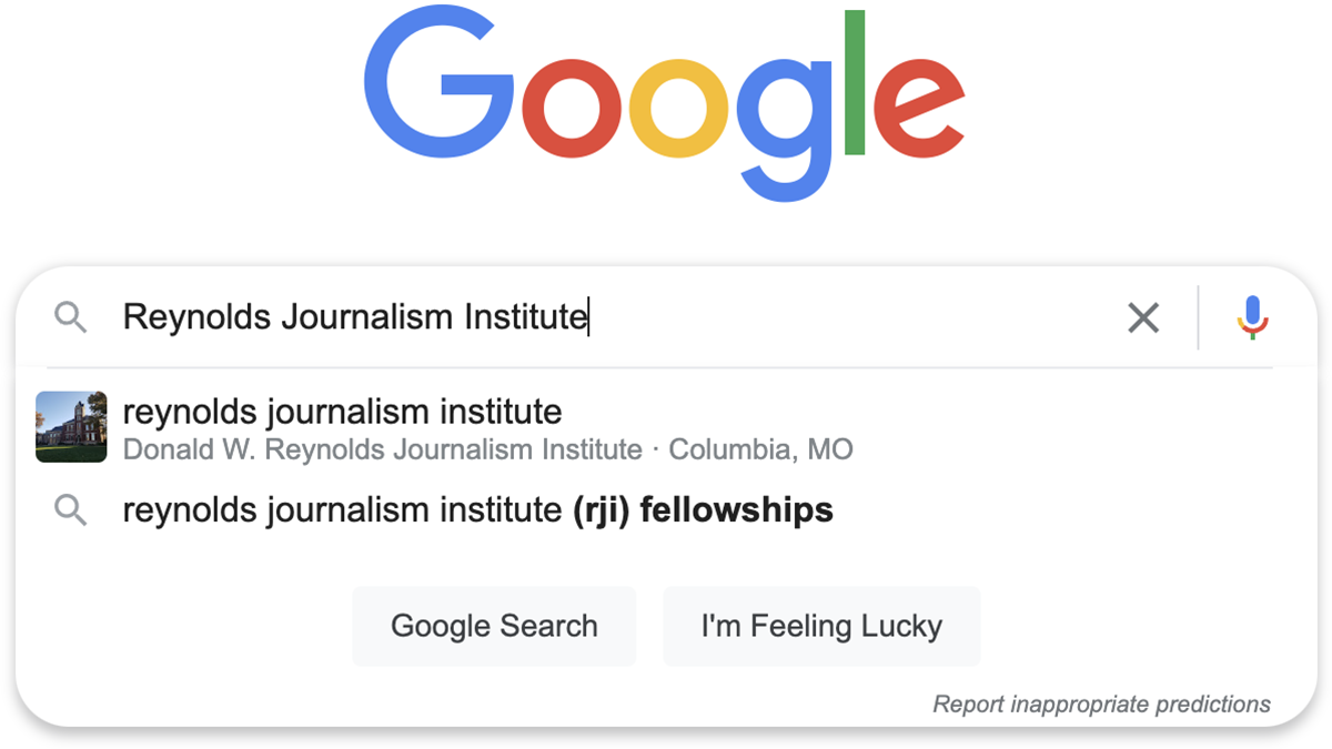Google search for Reynolds Journalism Institute, returning links to the main site and the fellowship program