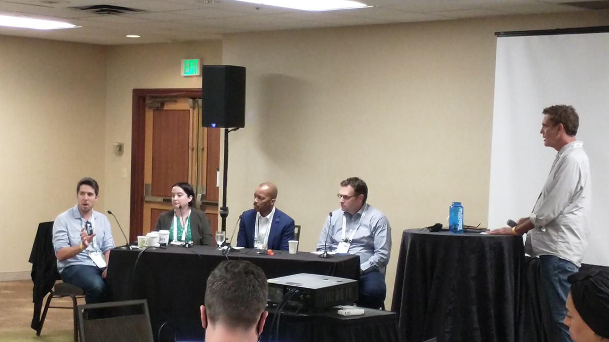 (L-R) Brian Manzullo, the social, search and audience editor at the Detroit Free Press; Theresa Poulson, senior product manager at McClatchy; Harold Goodridge, digital director at First Coast News; and David Higgerson, chief digital chief digital publisher at UK-based newspaper group Reach plc.