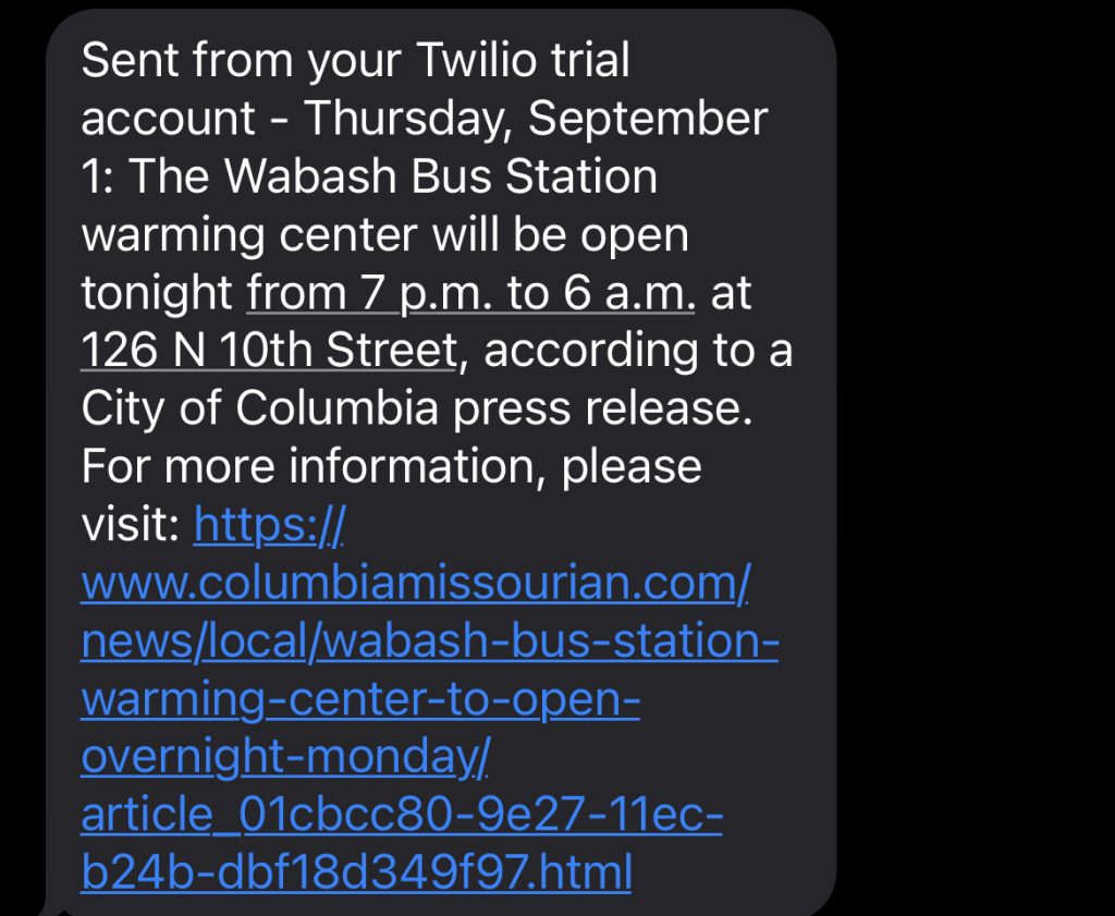 A text message includes information about a warming center’s hours and location, with a link to a news story.