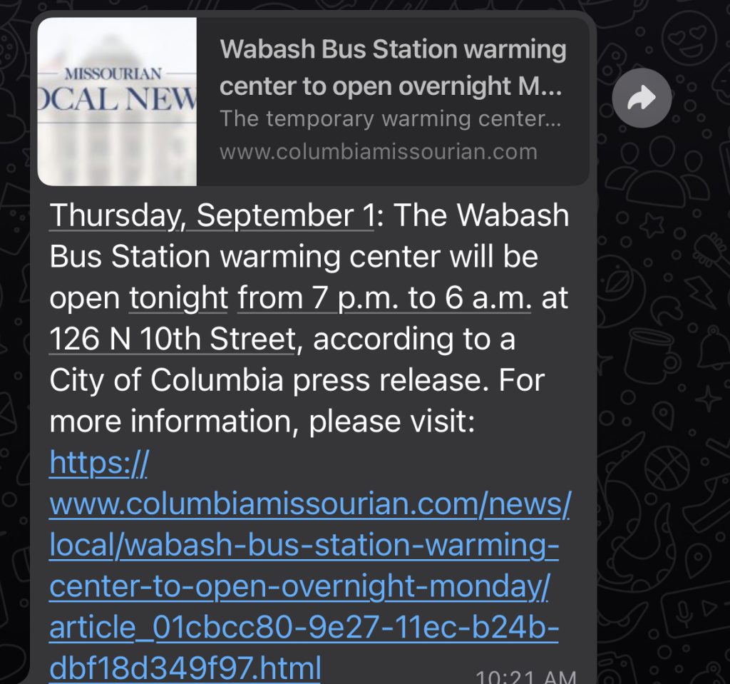 A WhatsApp message includes information about a warming center’s hours and location, with a link to a news story.
