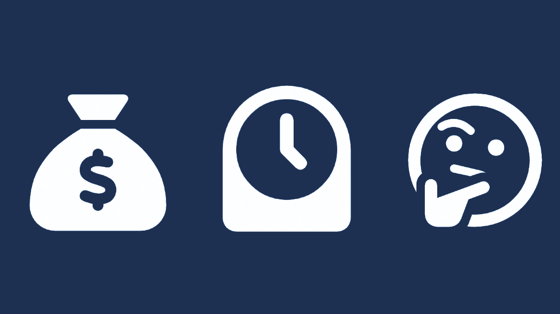 Illustration of a money bag, a clock and a person considering something.