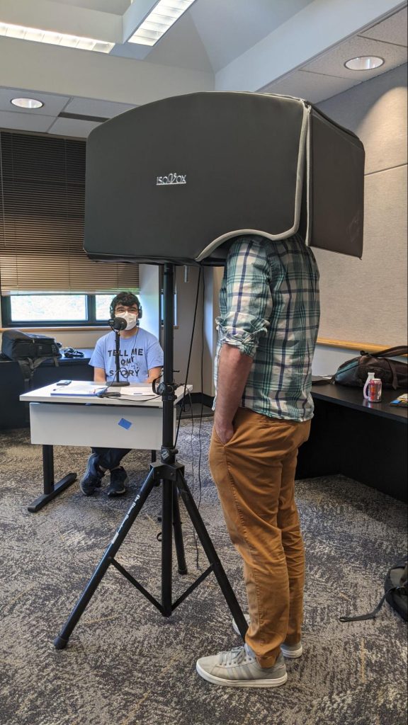 Freshman Tadeo Ruiz, left, interviews KBIA News Director Ryan Famuliner during an end-of-semester Missouri on Mic pop-up event. Photo: Becca Newton