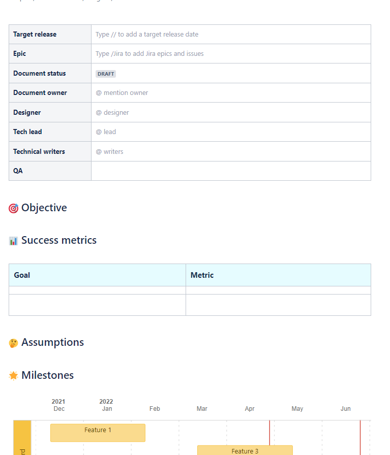 An example of what a product requirements template looks like on Confluence before you start