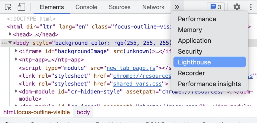 In the Google Chrome browser Developer tools pane, a user can use the menu containing Elements, Console, Sources to find Lighthouse and generate a report of their own on a page they visit.
