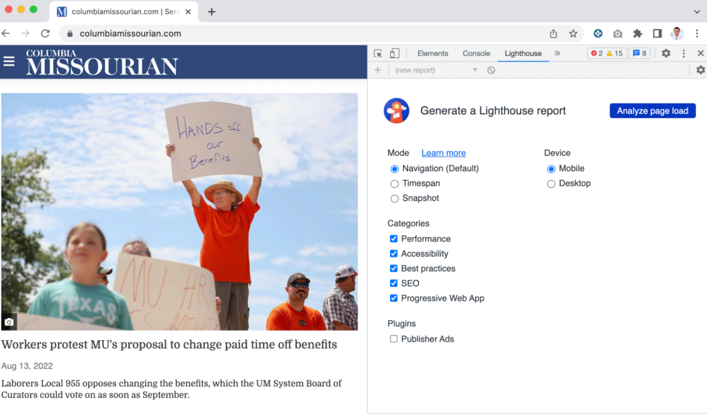 An example of Google Chrome setup to generate a Lighthouse report test of the Columbia Missourian homepage.