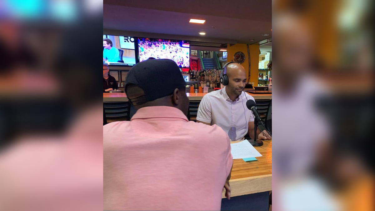 Brandon Silvers (right) and John Wilson (left), director of community engagement for Charleston Batter, discuss sports at a live recording of Beyond the Arc with Brandon Silvers, at The Alley Charleston, a local food and entertainment venue. Photo: Fernando Soto | TPB