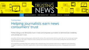 A screenshot of Trusting News' website homepage.