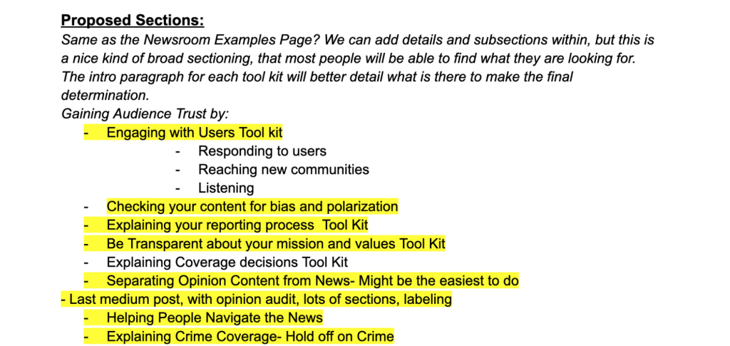 A screenshot of the proposed sections Trusting News had for the Trust Kits.