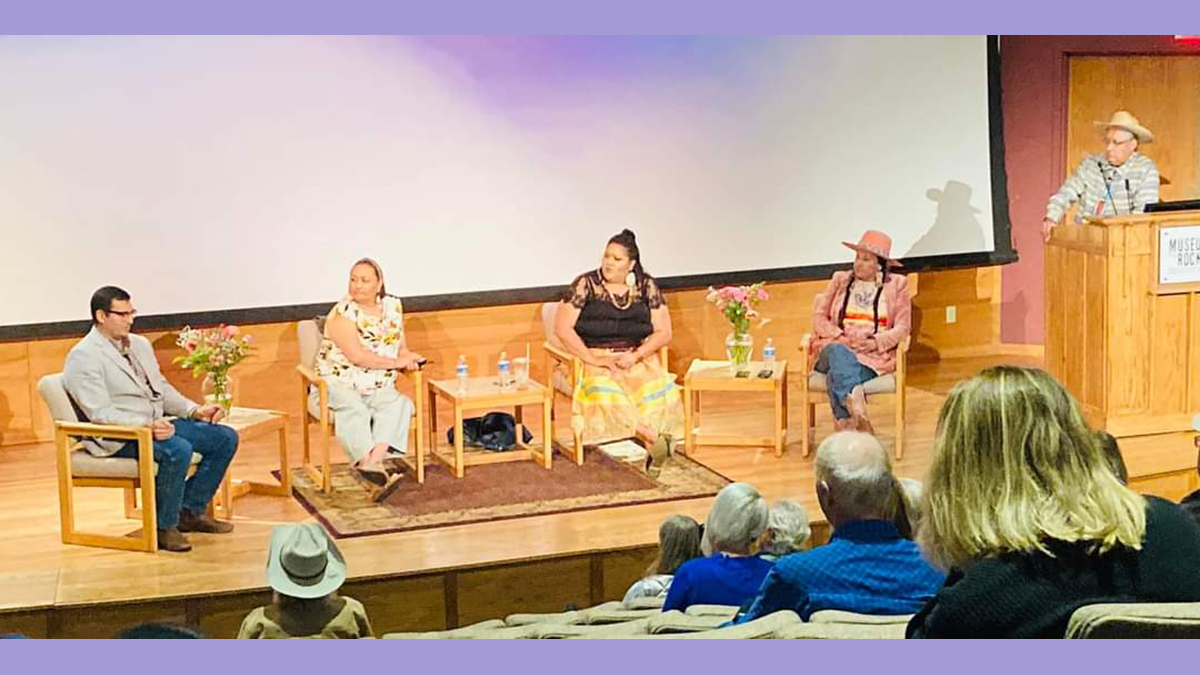 Crow tribal members Jay Harris, Rose Real Bird, Luella Brien and Olivia WIlliamson participate in a panel discussion at the Opening of the Apsaalooké Women and Warriors exhibit at the Museum of the Rockies.