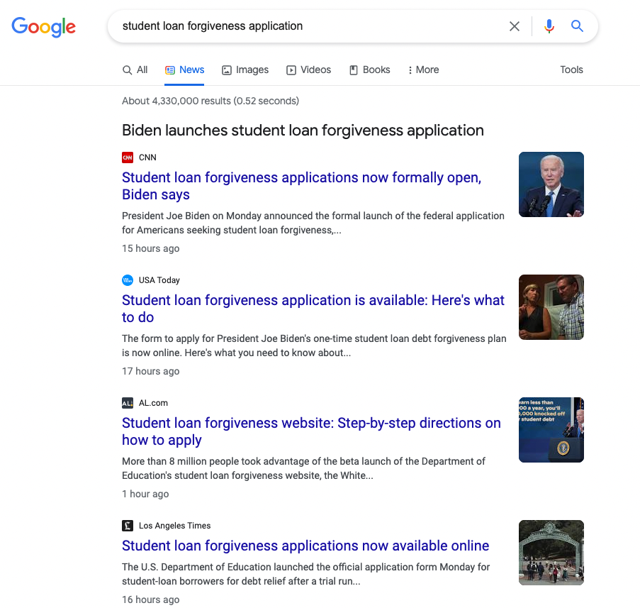 Results on Google News for “student loan forgiveness application” on Tuesday October 18