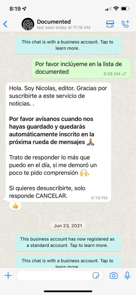 Example of Documented's WhatsApp channel in Spanish