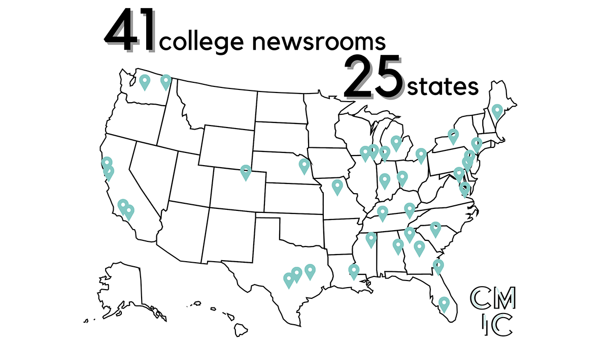 A map of the United States has pins in many locations across 25 states. The text reads "41 college newsrooms 25 states"