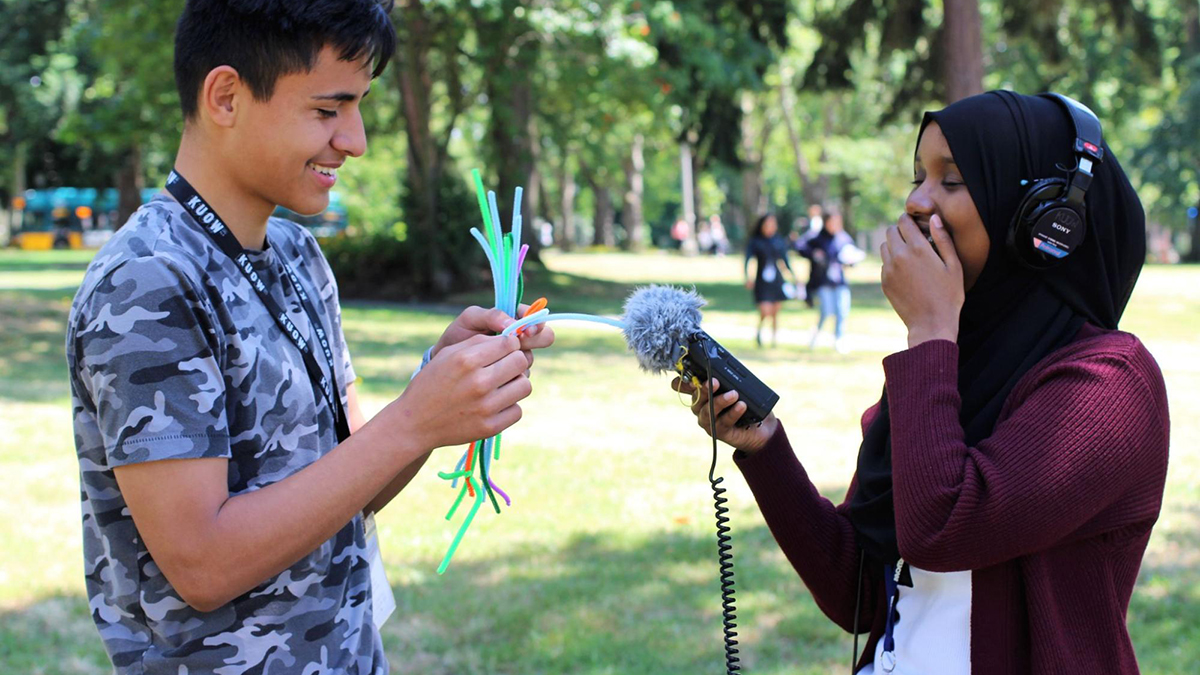 Eriberto Saavedra Felix (left) and Marian Mohamed record audio as part of an activity with KUOW’s RadioActive Youth Media on July 8, 2019 in Seattle, Washington. Photo: Kelsey Tolchin-Kupferer