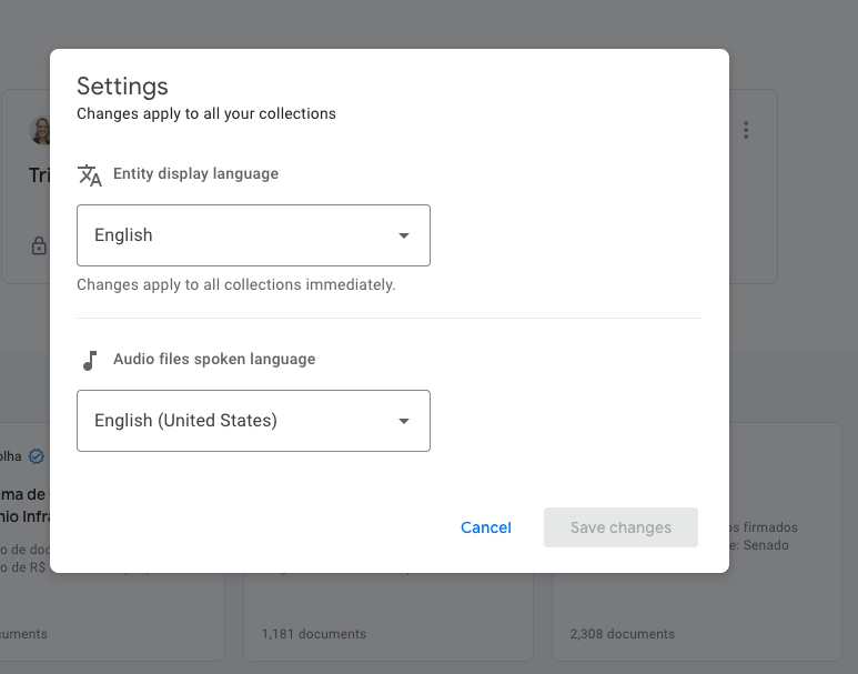 Screenshot of settings dialog box in Google Cloud