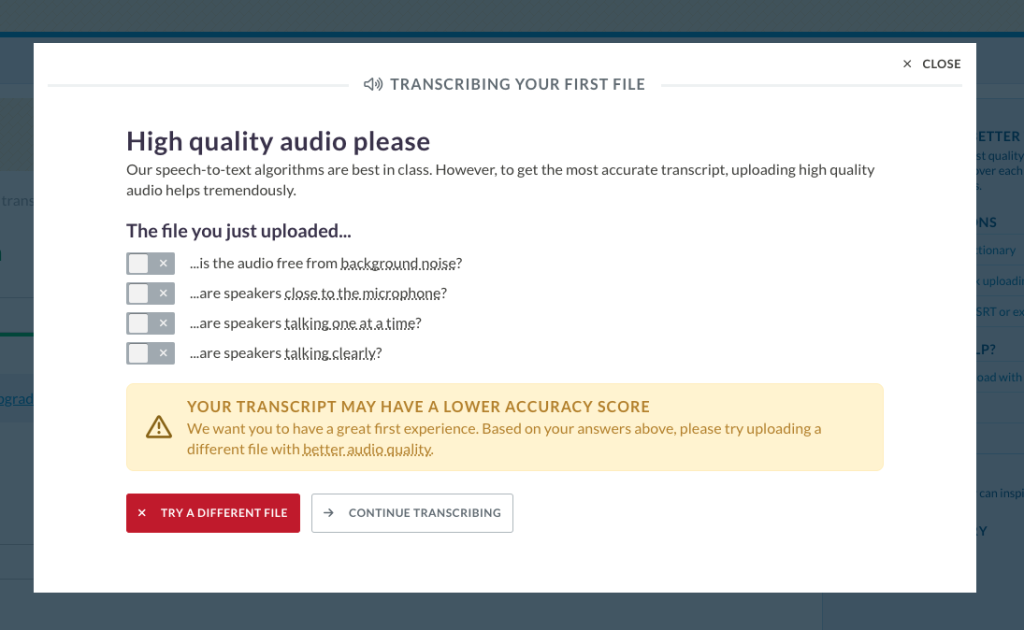 Screenshot of checklist to ensure high-quality audio