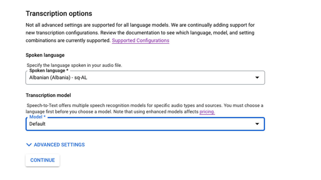 Transcription options panel from a transcription service