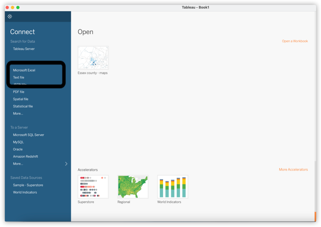 Screenshot from Tableau showing how to connect a Tableau file to a data spreadsheet