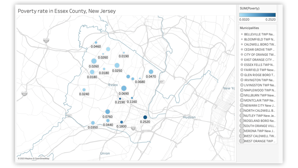 Screenshot of Tableau map from project showing poverty rates in Essex County, New Jersey