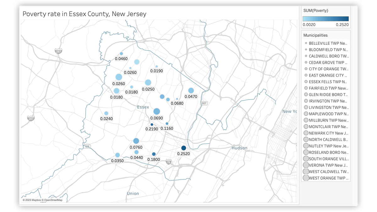 Screenshot of Tableau map from project showing poverty rates in Essex County, New Jersey