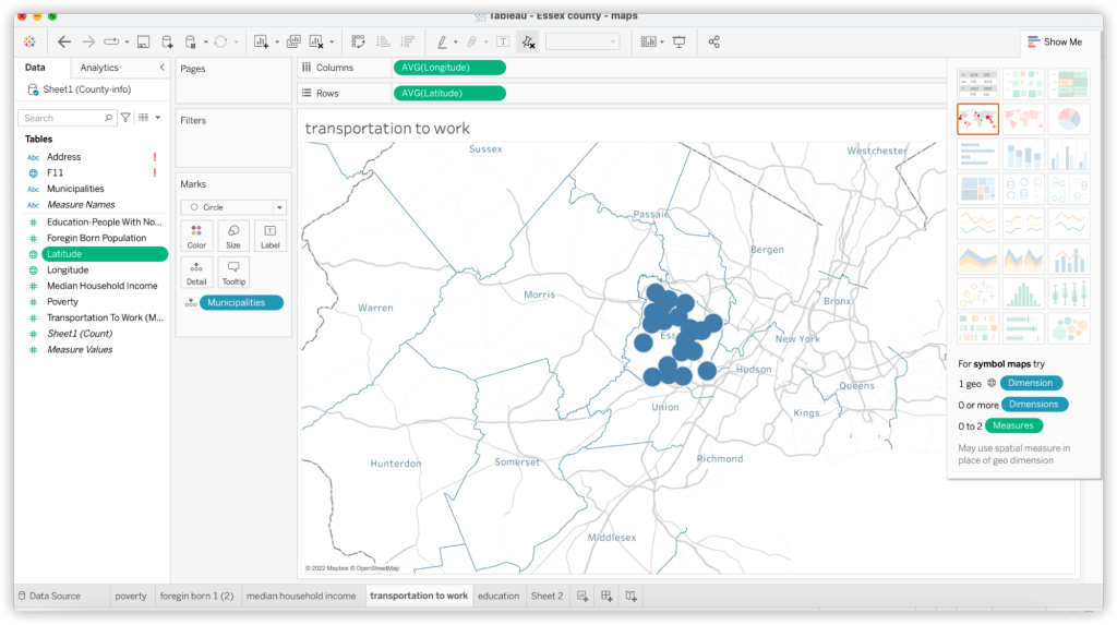 Screenshot from Tableau showing locations on a map created from the imported data